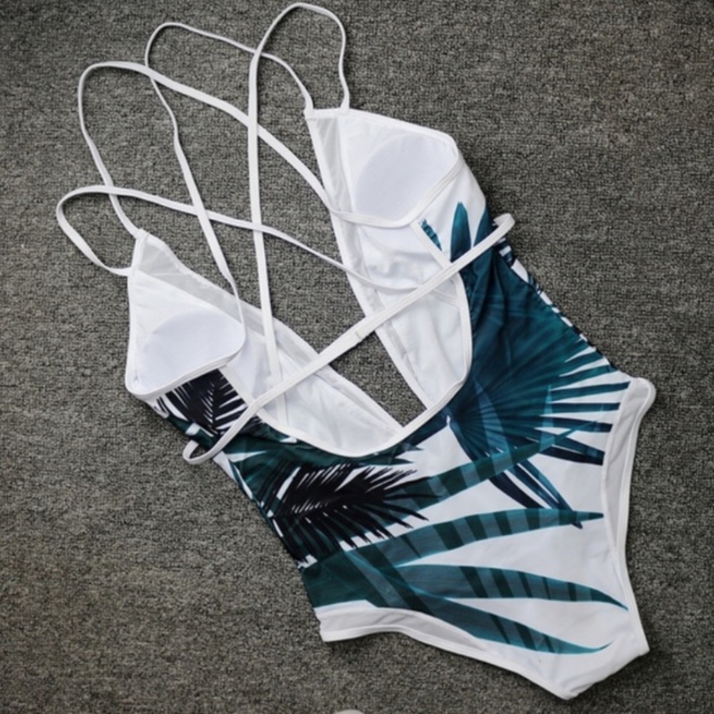 Palm Leaf Print Plunge Monokini - Picture 3 of 6